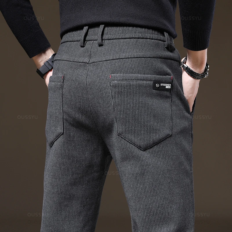 High Quality Autumn Winter Pinstripe Casual Pants For Men Cotton Blend Fashion Business Black Grey Thick Trousers Male Brand