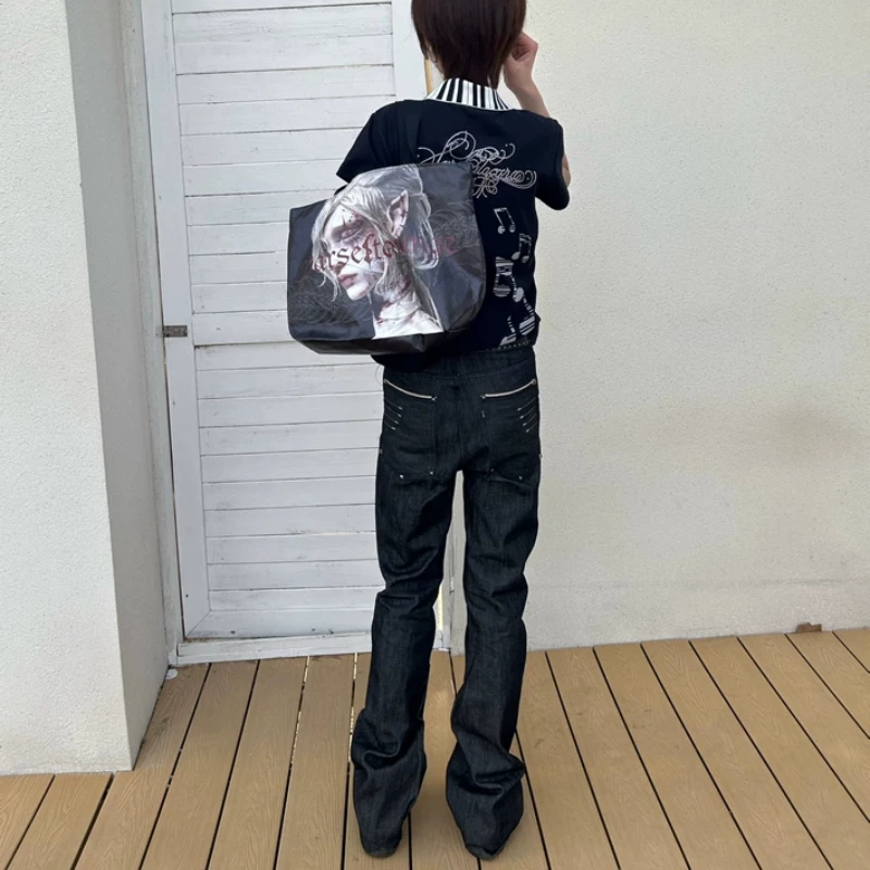 2026 New Gothic Punk Y2K Harajuku Women Large Capacity Tote Bag, Dupont Paper Printed Dark Style Shoulder Handbag for Daily