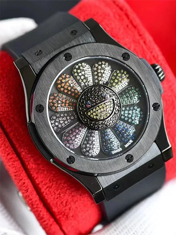 Reloj Mecánico de esfera grande con cristal de zafiro de diamante de colores, resistente al agua y a la moda, reloj circular de goma neutra