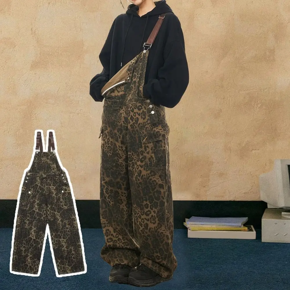 Monos holgados con estampado de leopardo para mujer, peleles de pierna ancha y cintura alta, pantalones Retro con estampado de leopardo de pierna recta Y2k