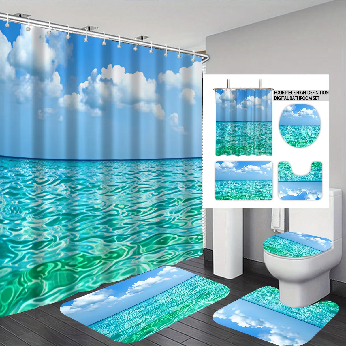 4-piece Set of Blue Sea Surface Printed Bathroom Waterproof Shower Curtain Toilet Seat Cushion U-shaped Floor Mat