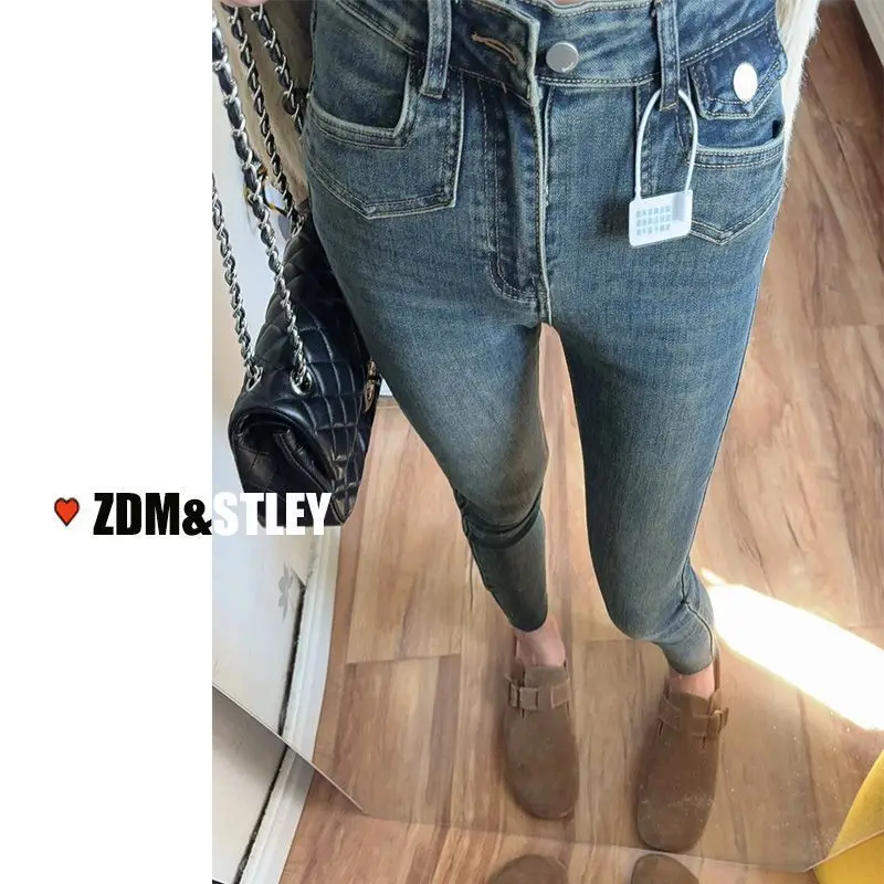 2025 женские осенне-зимние шикарные джинсы скинни на толстой флисовой подкладке с высокой талией