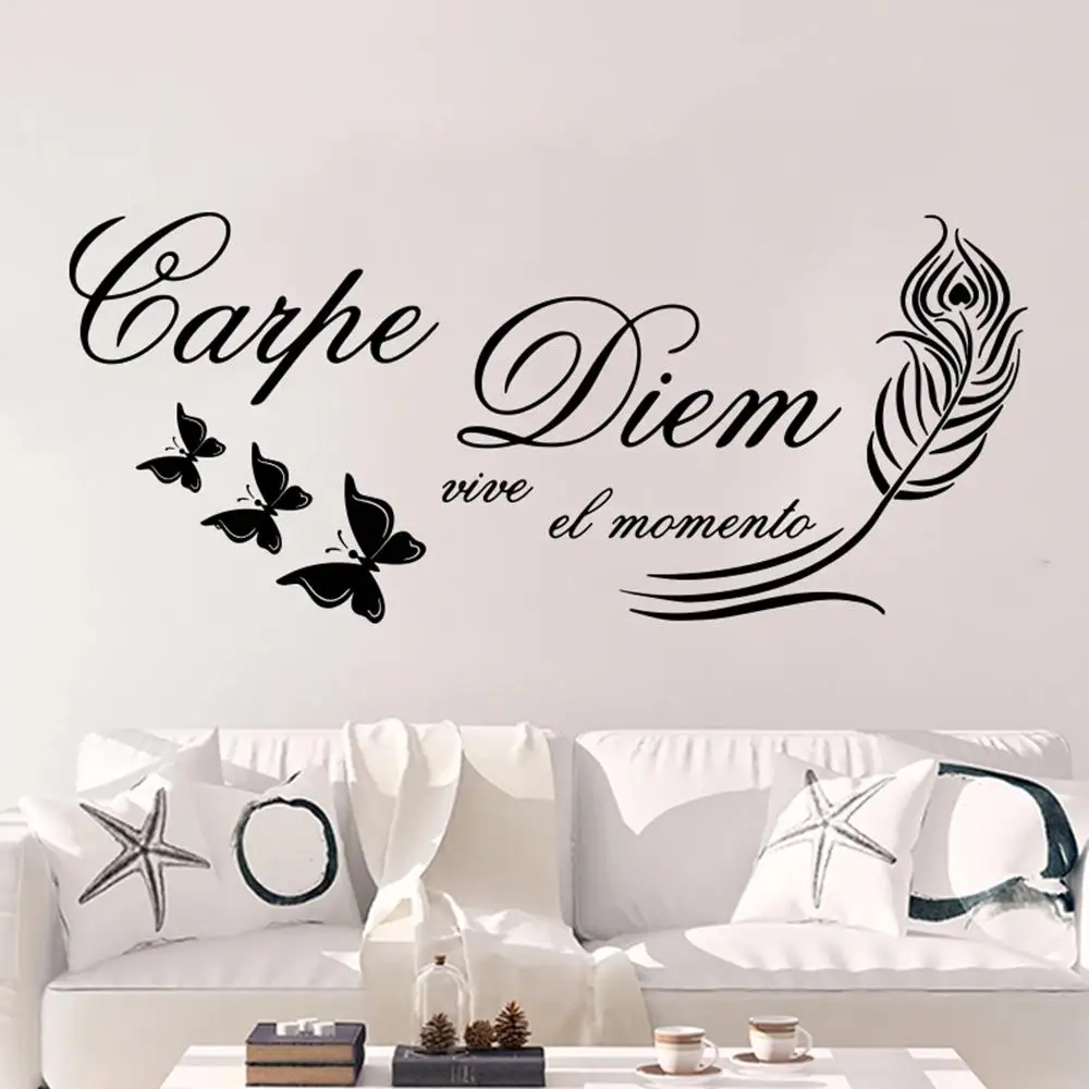 

1 pc hot sale Spanish Carpe Diem live in the moment Feather with butterfly Wall Sticker Wall Decal Home Decor for kids room