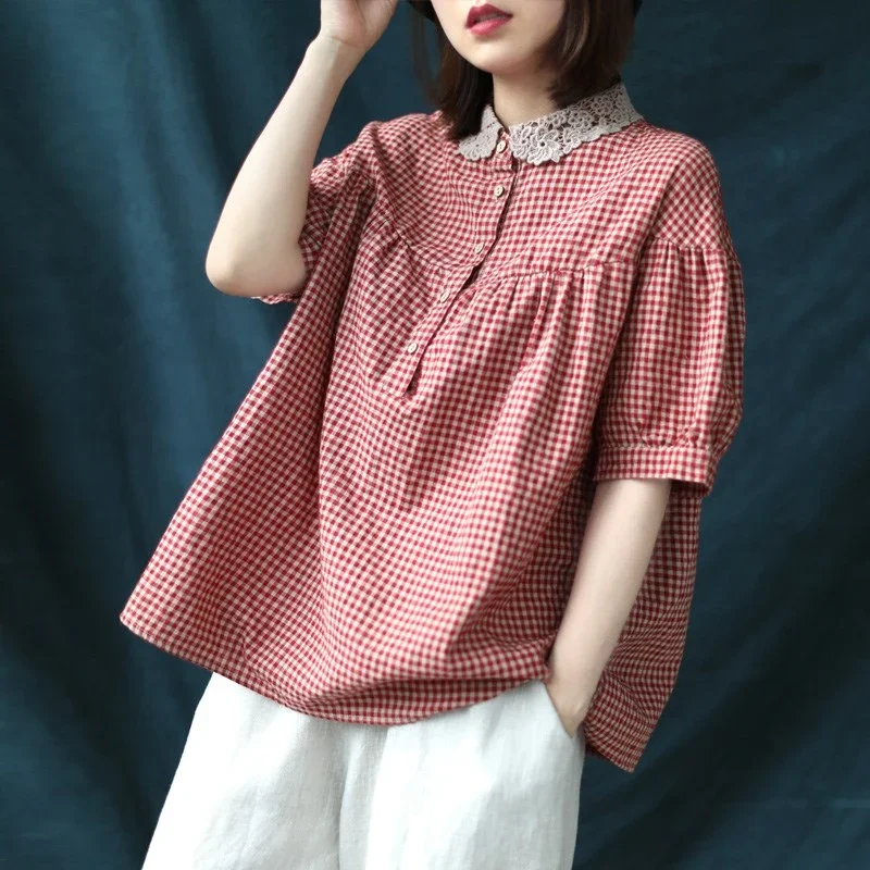 

Women Gingham Cotton Linen Shirt Lace Collar Loose Casual Short Sleeve Blouse
