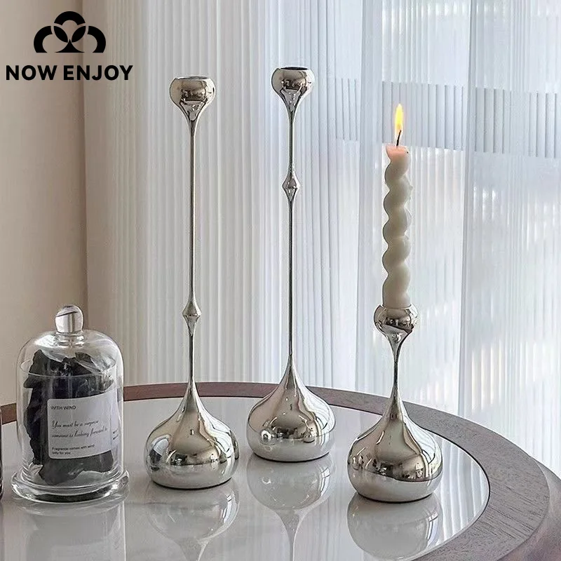 NOW ENJOY Water Drop Candle Holder Silver Metal Candlestick Romantic Table Decoration For Home Dining,Wedding Photography Props