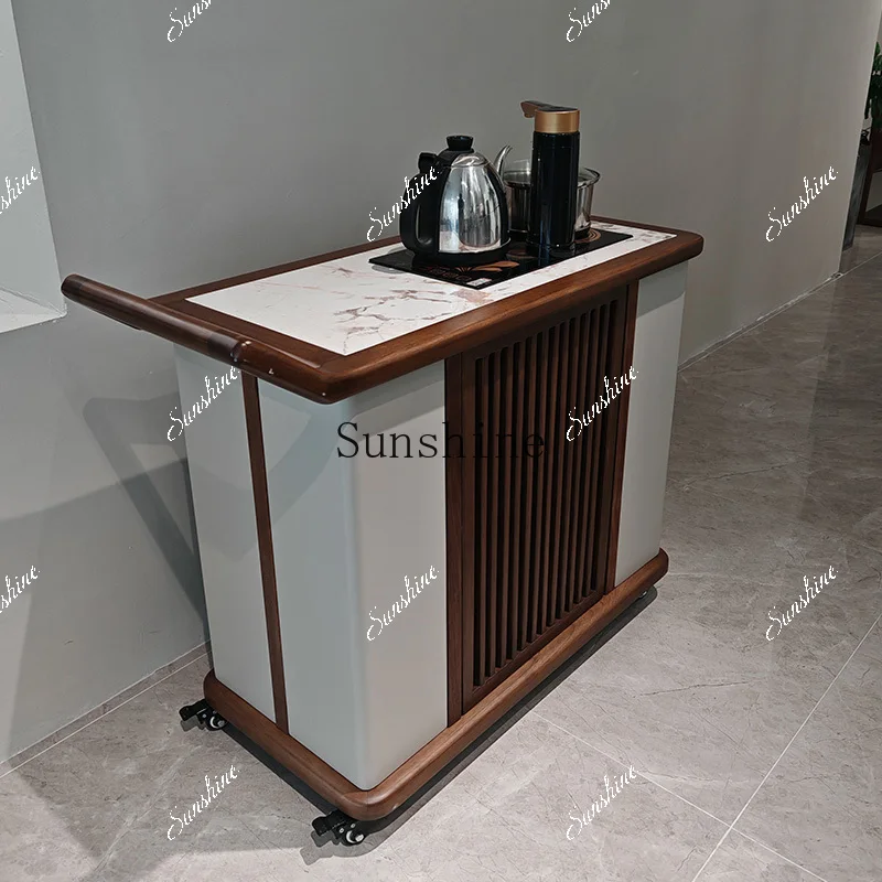Movable solid wood household tea cart Small apartment tea table and chair combination kettle integrated tea table  FT