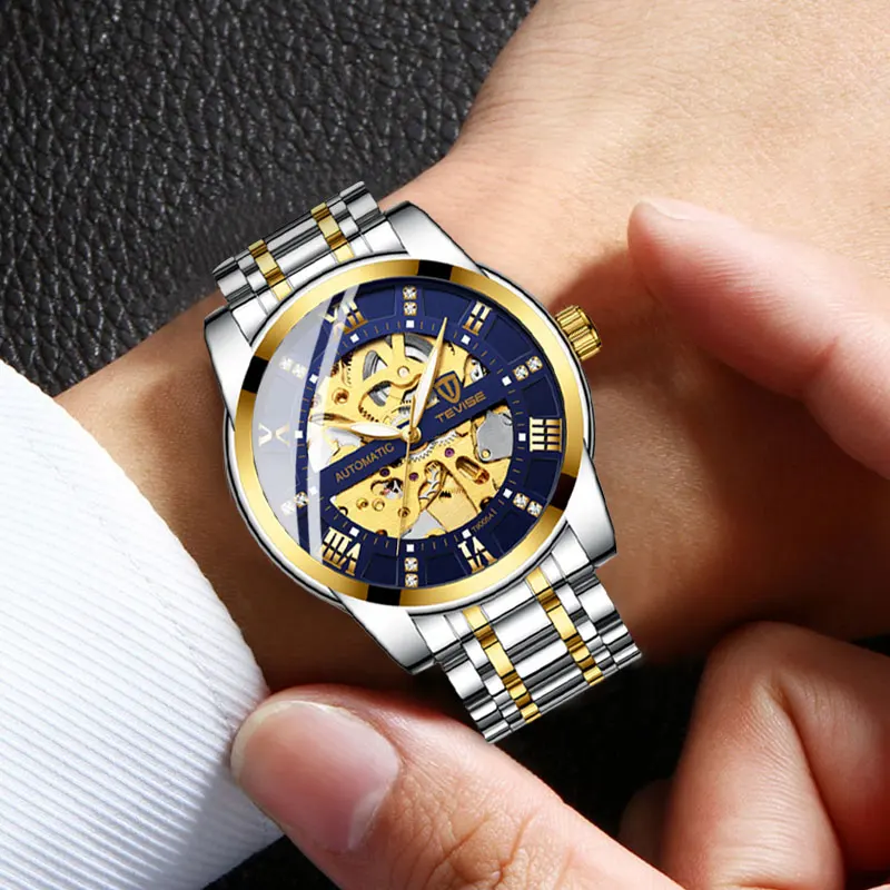 Fashion Tevise Top Brand Automatic Skeleton Full Stainless Steel  Diamond Scale Luminous Hands Men Mechanical Classic Watches