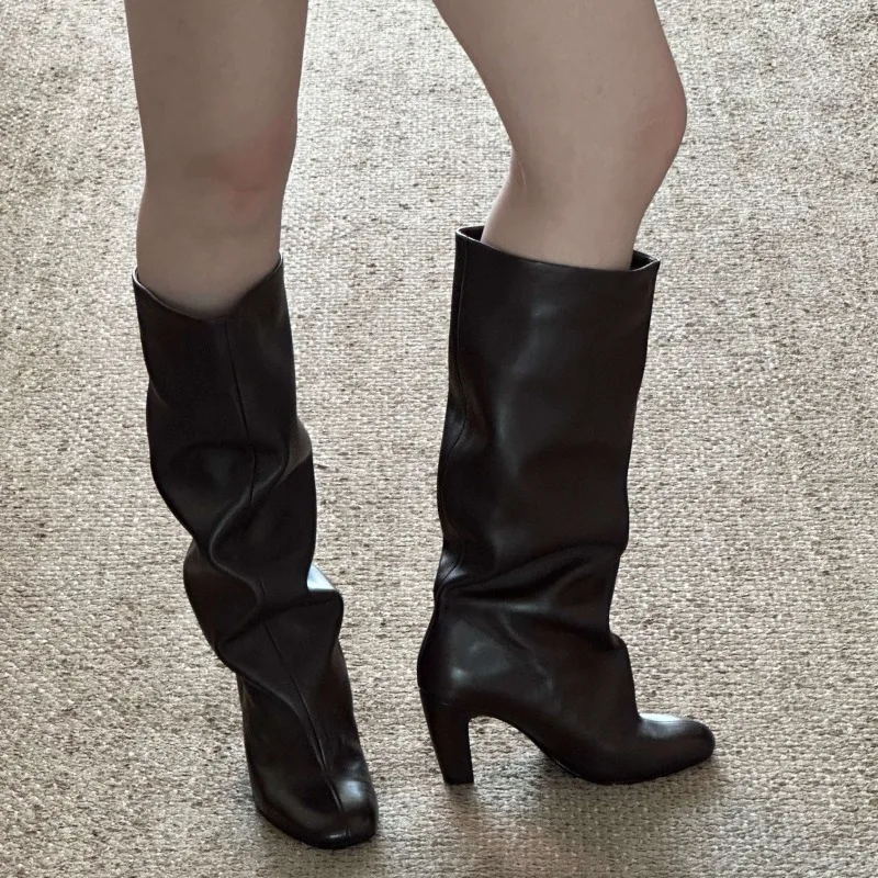 Soft Leather Niche Round Toe Thick Heel High Heel Not Over The Knee Pile Boots Autumn New Retro Fashion Sleeve Women's Shoes