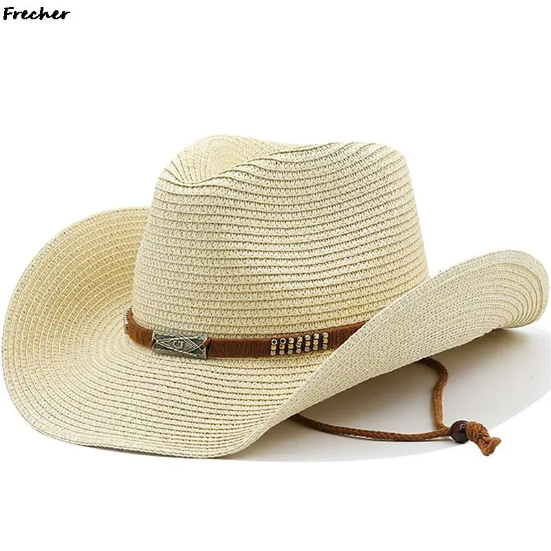 Men Western Cowboy Hat Straw Knight Sun Hats Male Retro Beach Caps Summer Holiday Travel Fedora UV Protection Riding Gorras