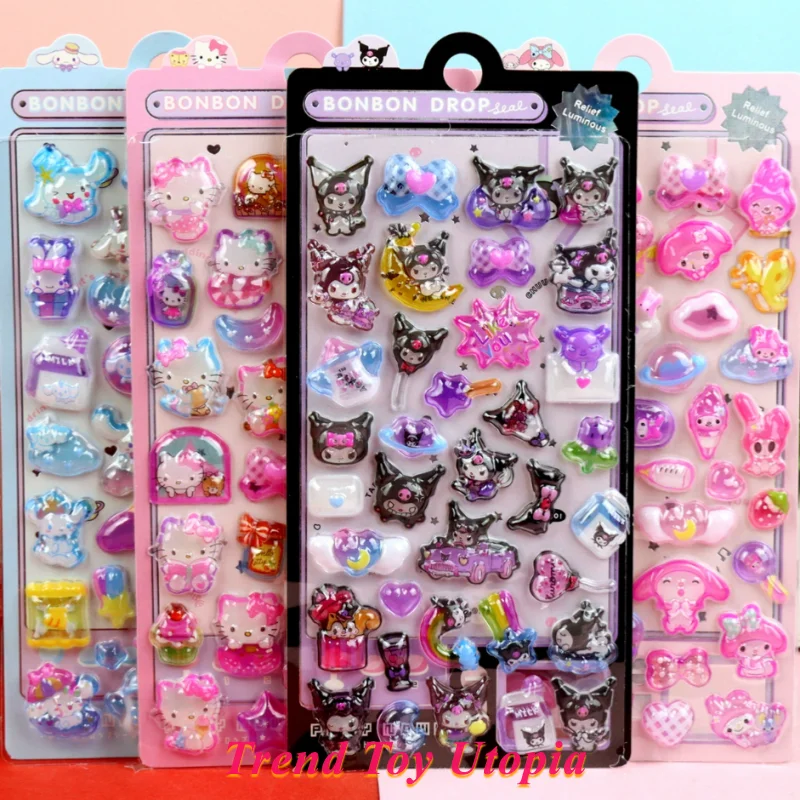 

Cute Hellokitty Anime 3d Relief Night Light Stickers Crystal Gem Stickers Kuromi Children'S Stickers Cartoon Stickers Decoration