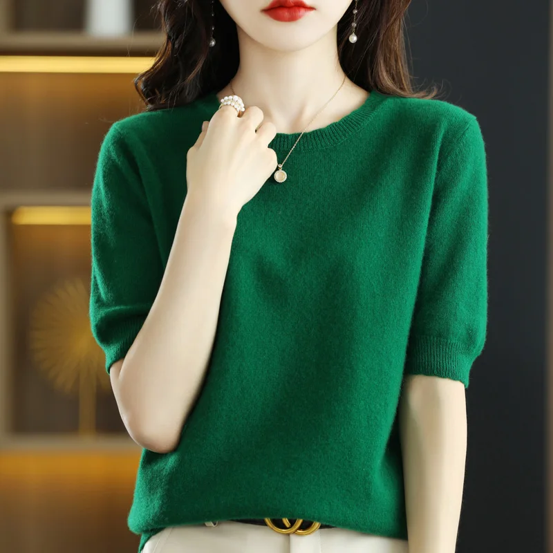 

Spring and summer 2023 new 100% wool T-shirt women's round neck casual short sleeve pure color cashmere sweater loose knit pullo