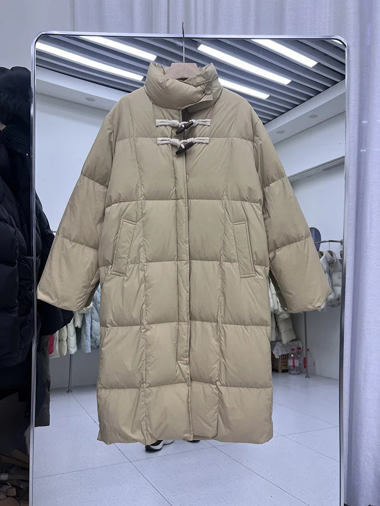 سترة نسائية بأزرار على شكل قرن البقر طراز طويل 2025 النسخة الكورية الجديدة بياقة واقفة وسترة سميكة من ريش البط الأبيض #2