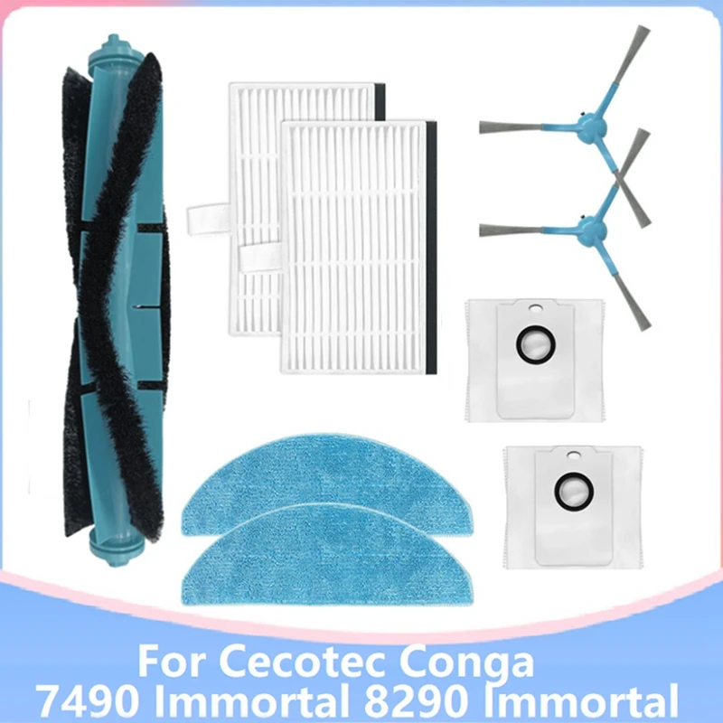 9PCS For Cecotec Conga 7490 Immortal / 8290 Immortal Vacuum Cleaner Replacement Filter Mop Dust Bag Main Side Brush