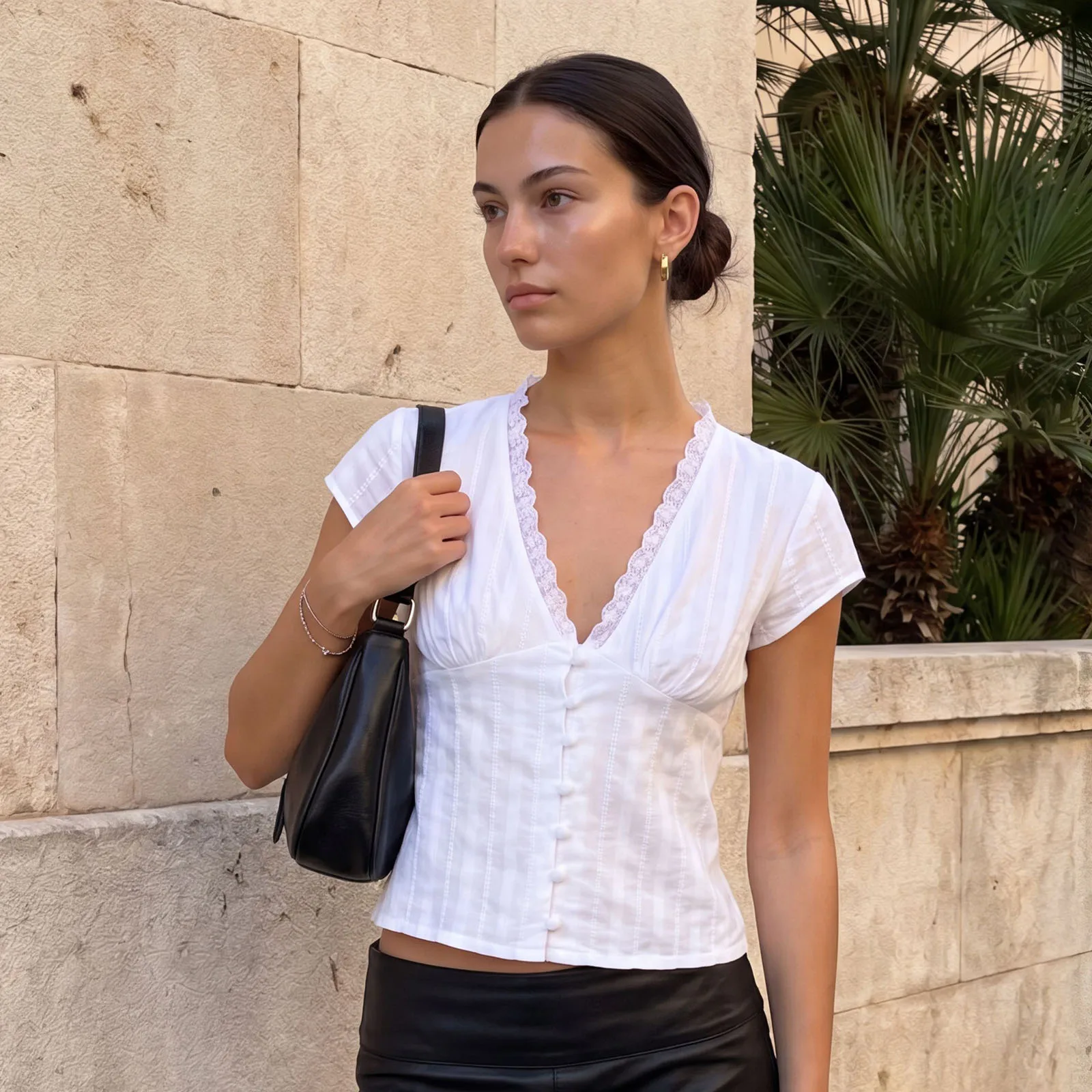 Women Summer Solid Color T-shirts V Neck Short Sleeve Lace Button Closure Crop Tops for Casual Daily
