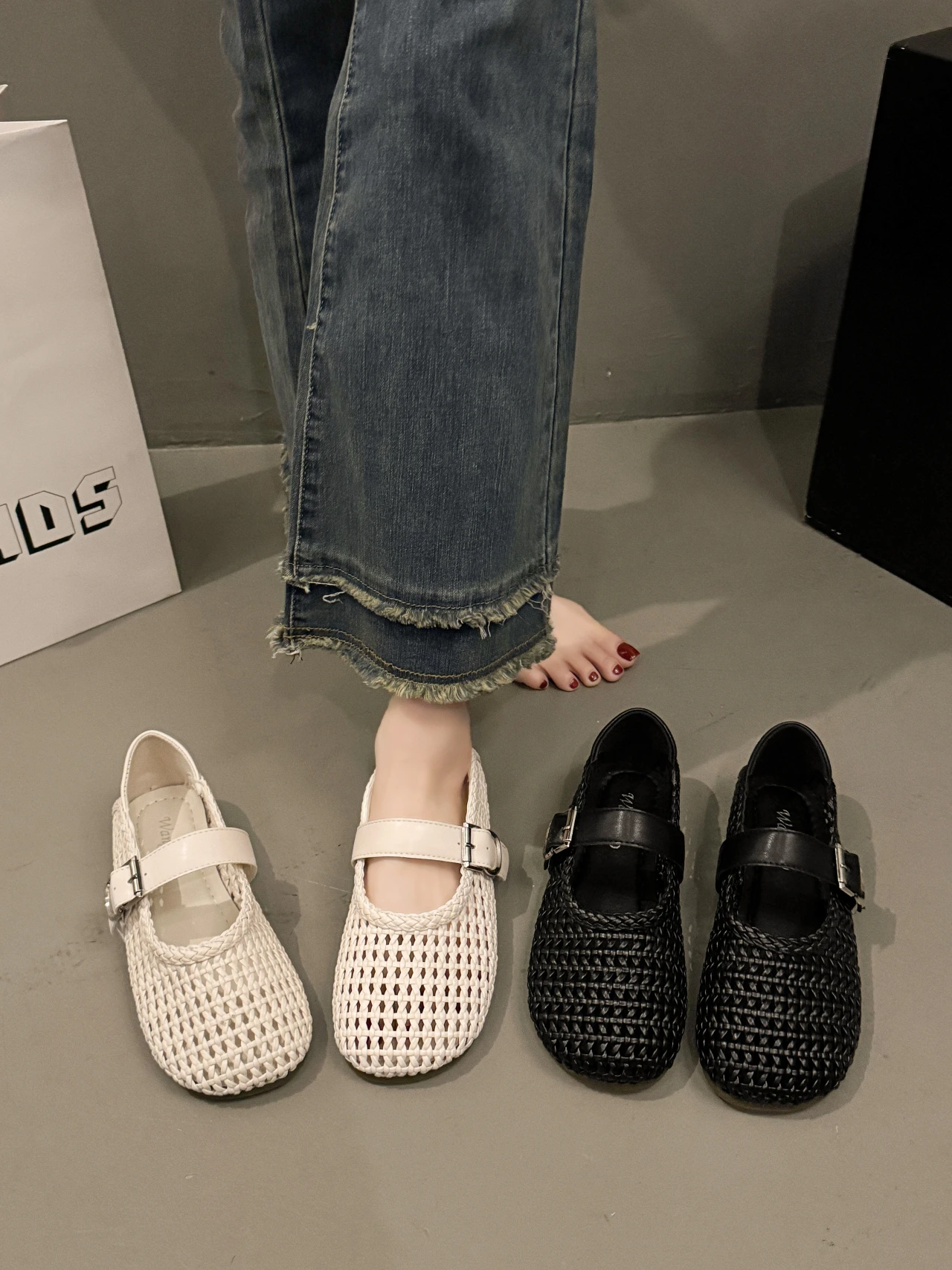 メアリージェーン-フラットボトム-ホローアウト-フィッシングネットシューズ-レディース-サマーサンダル-スリッポン-ラウンドトゥ-ラバーアウトソール-超微細繊維