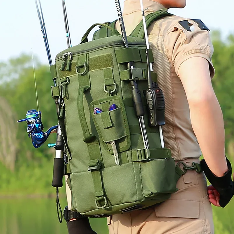 Tactical Fishing Backpack Tackle Bag With Rod Holders Fish Equipment Storage Molle Camping Hiking Outdoor Multifunctional Bag