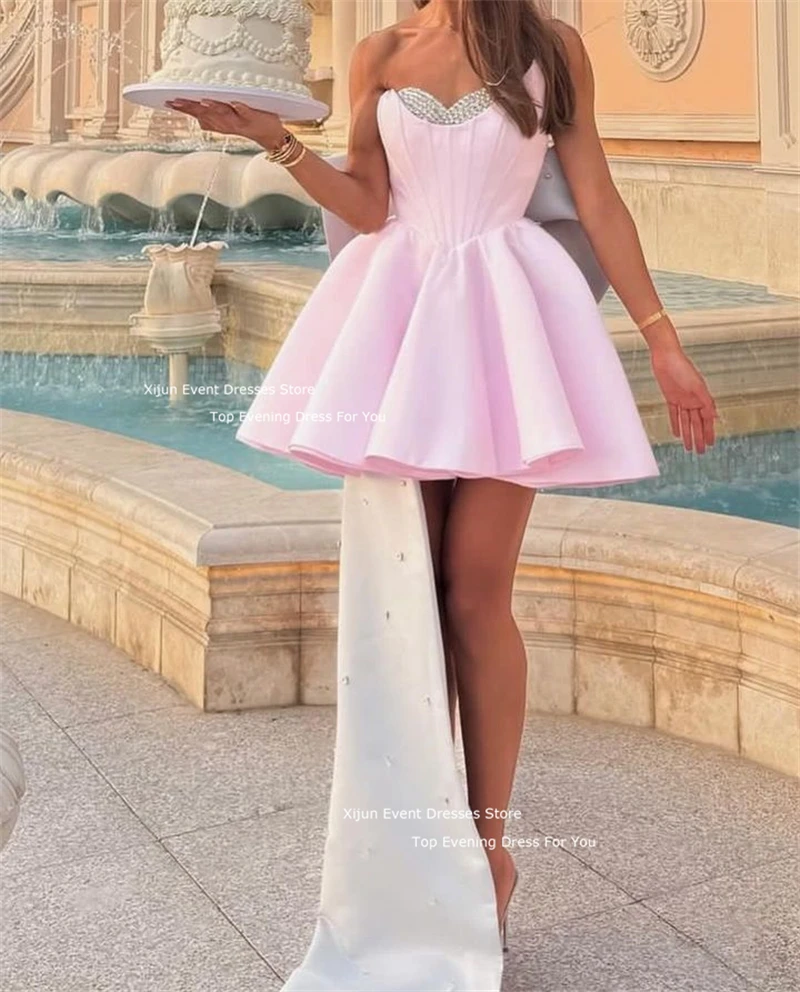 Xijun Princess Pink Short Prom Dresses Bow Train Crystal A-Line Evening Dresses Sleeveless Formal Occasion Luxury Birthday Party