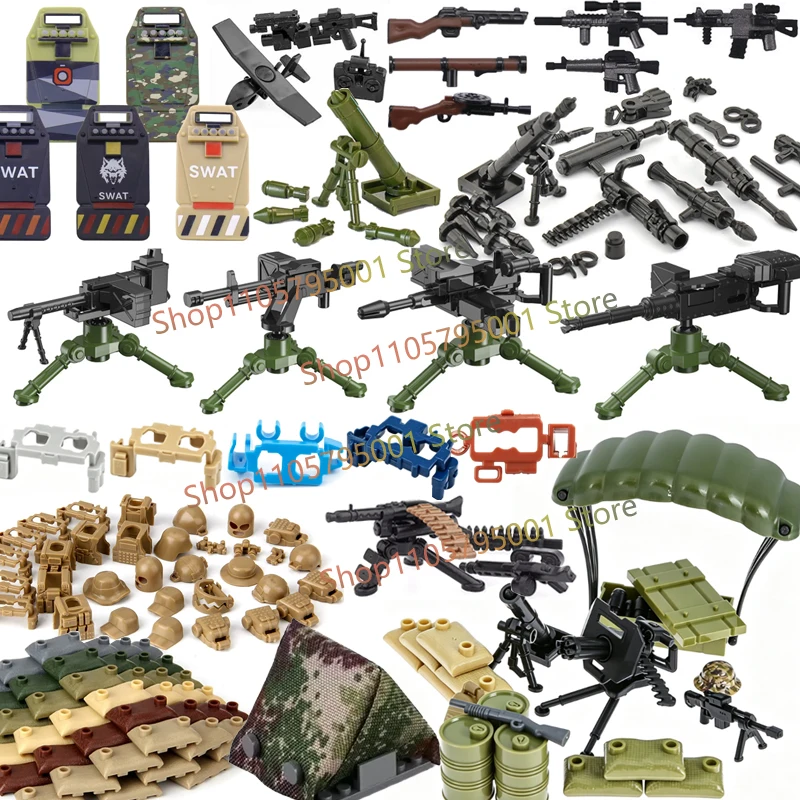 MOC Military Accessories Building Block Heavy Machine Gun Gatling M19 Sentry Launcher Soldier Figure Helmet Vest Bricks Toys F19