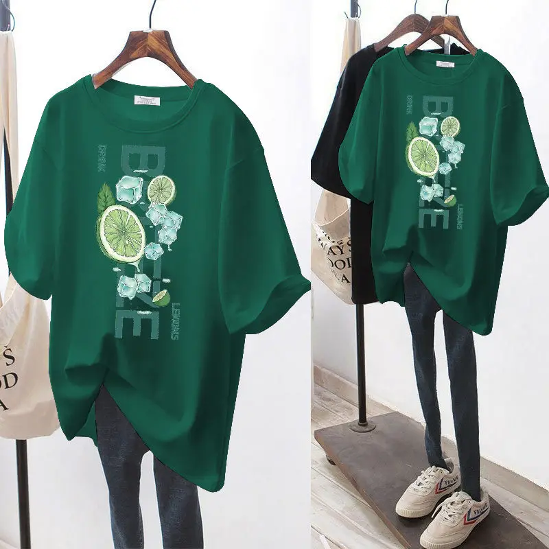 Summer Fashion Fresh Lemon Printed Loose Versatile Pure Cotton O-neck Short Sleeve T-shirt Women's Simple Basics Top Tee