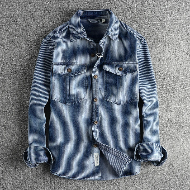 Yarn-dyed striped fabric washed to make old vintage cargo denim shirt for men European and American fashion casual shirt coat