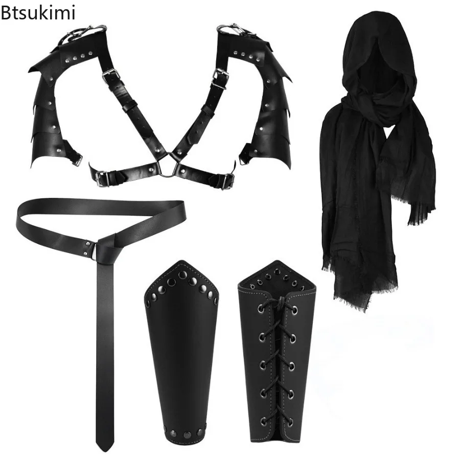 

Renaissance Clothing Accessory Men Medieval Viking Leather Belt Wristguards Shoulder Armor Cloak Halloween Cosplay Costume Props