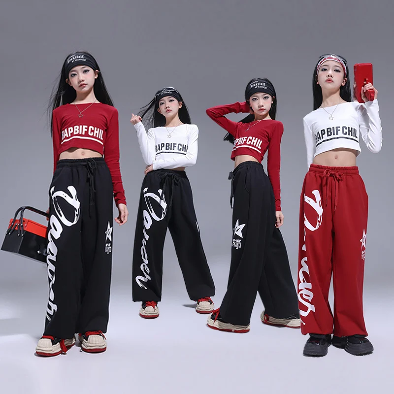 

2025 Long Sleeved Crop Tops Loose Pants Kpop Outfits For Girls Group Jazz Dance Costumes Kids Hip Hop Performance Wear DQS19020