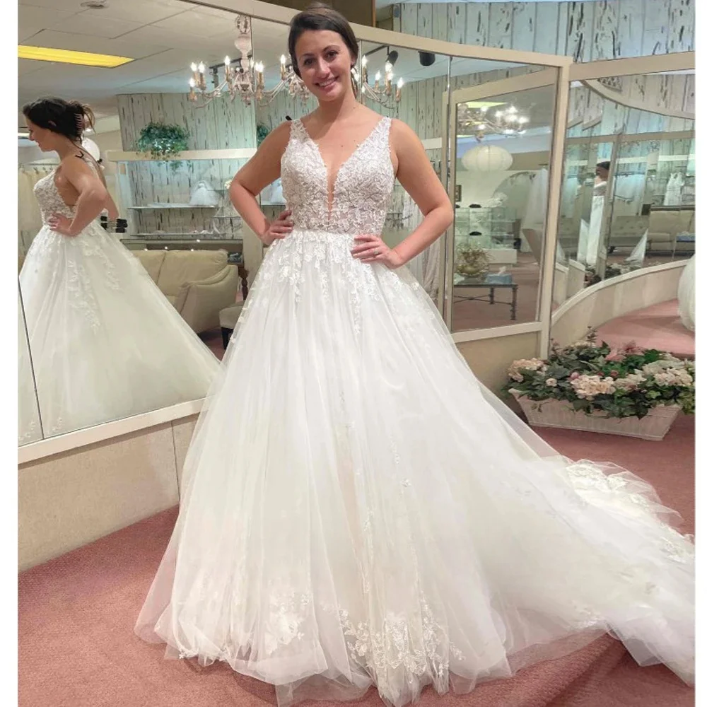 

Сексуальные Vestidos De Novia с v-образным вырезом, современные кружевные свадебные платья трапециевидной формы, индивидуальные аппликации, Vestido De Noiva