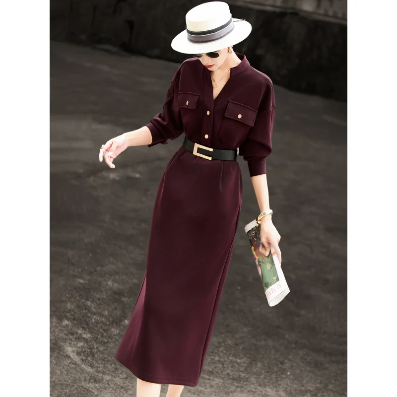 MEXCOCO 2026New Spring and Autumn Elegant High-End Commuter Dress with Waist-Cinching Mid-Length Slit Design