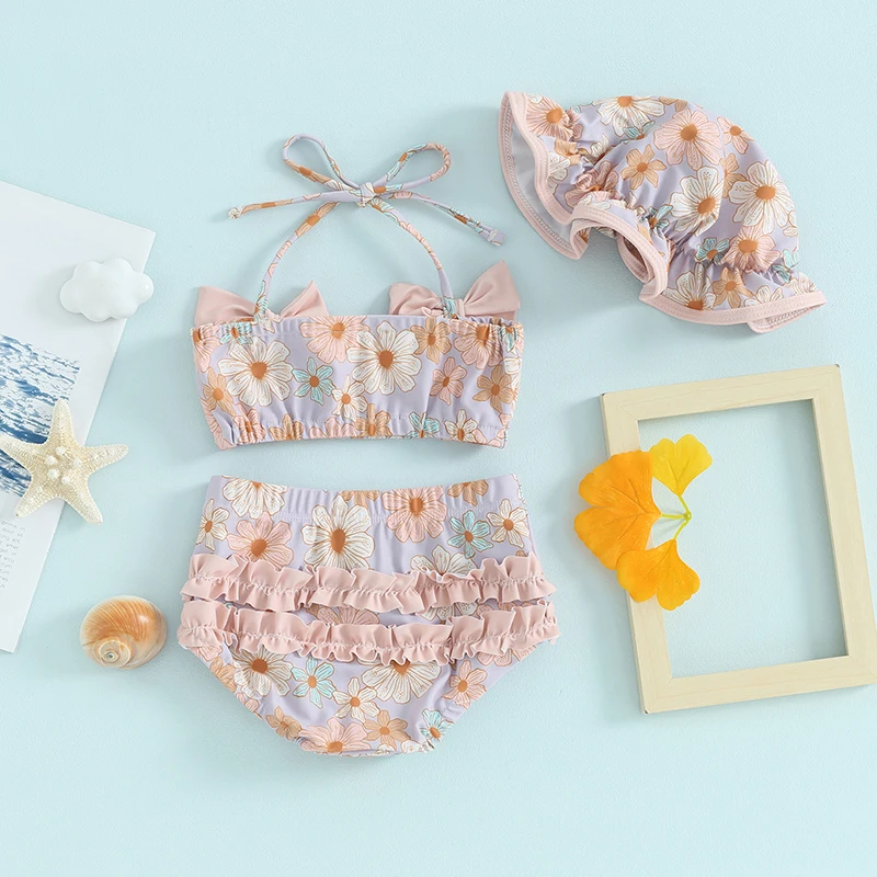 

Baby Girl Bikini Suit Infant Swimsuit 3pcs Floral Print Halter Top with Bow Ruffle Elastic Waist Shorts Hat