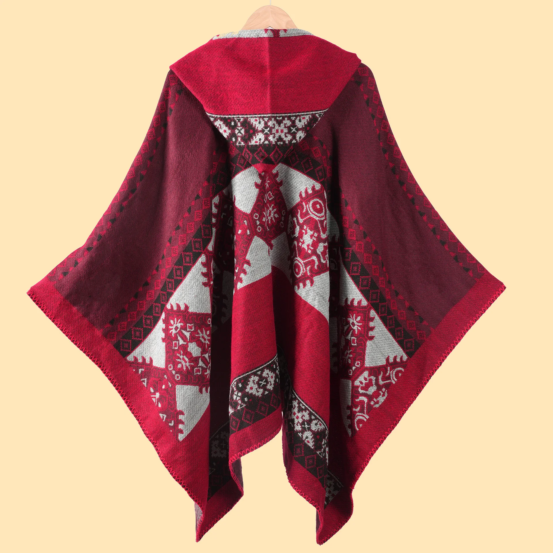 

New Poncho Women's Hooded Tassel Geometric Color Block Scarf Cape Travel Photography Warm Cloak P1