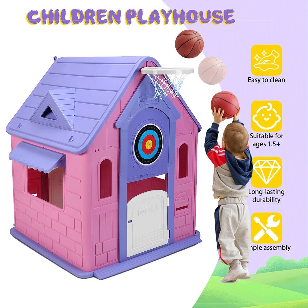 

Kids Playhouse with Basketball Hoop Dartboard Garden Games Cottage (Light Pink)