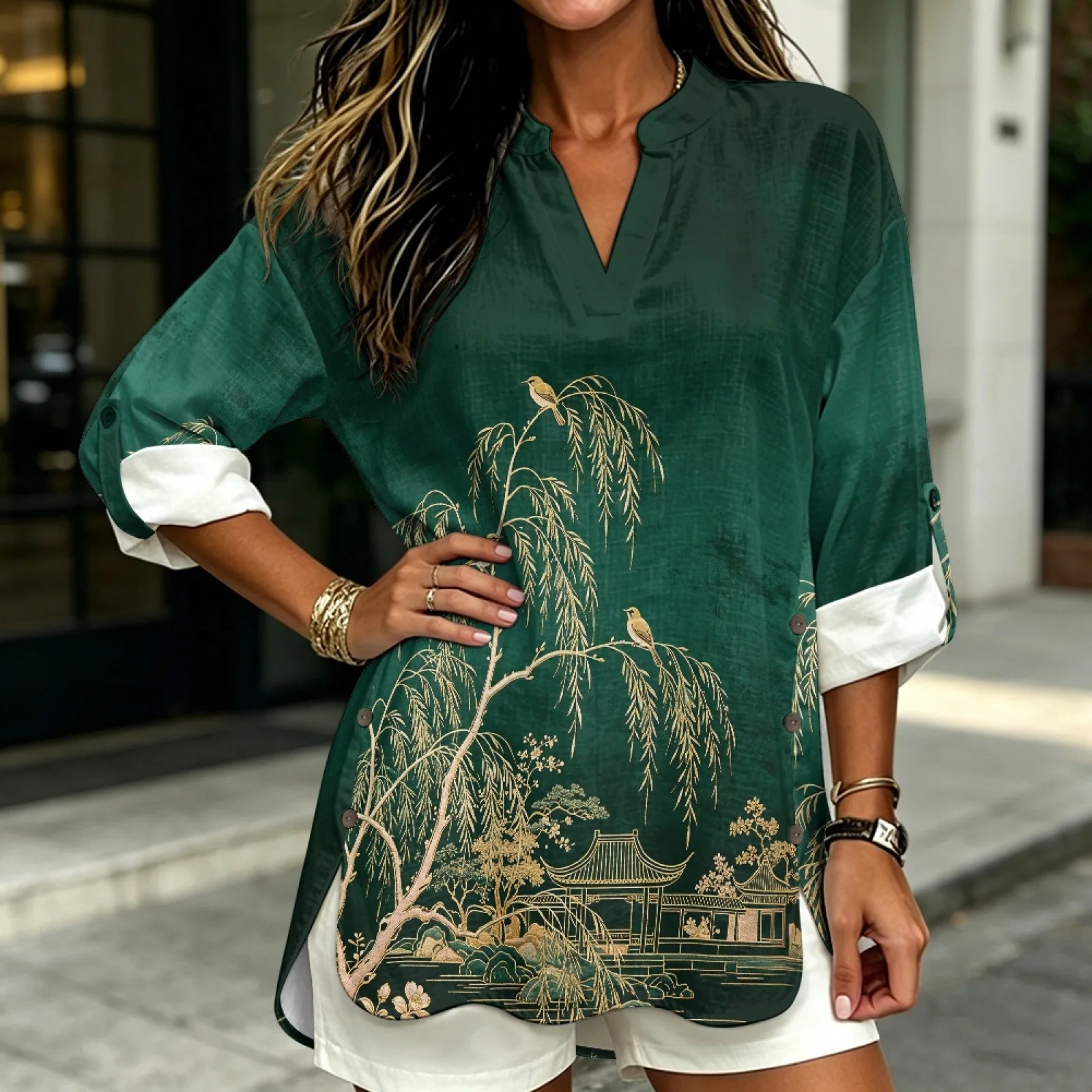 PENSTROLL Green Bird Branch Linen Style Women Loose Fit Tops 3/4 Long Sleeve Casual Shirts for Ladies Sizes S-5XL