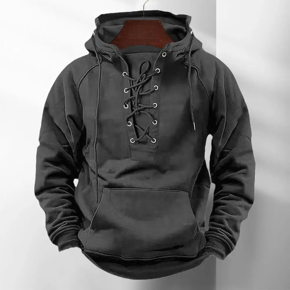 Men Fall Hoodie Spring Hoodie Men's Retro Lace-up Hoodie with Patch Pocket Elastic Cuff for Fall Winter Hop Style Mid Length