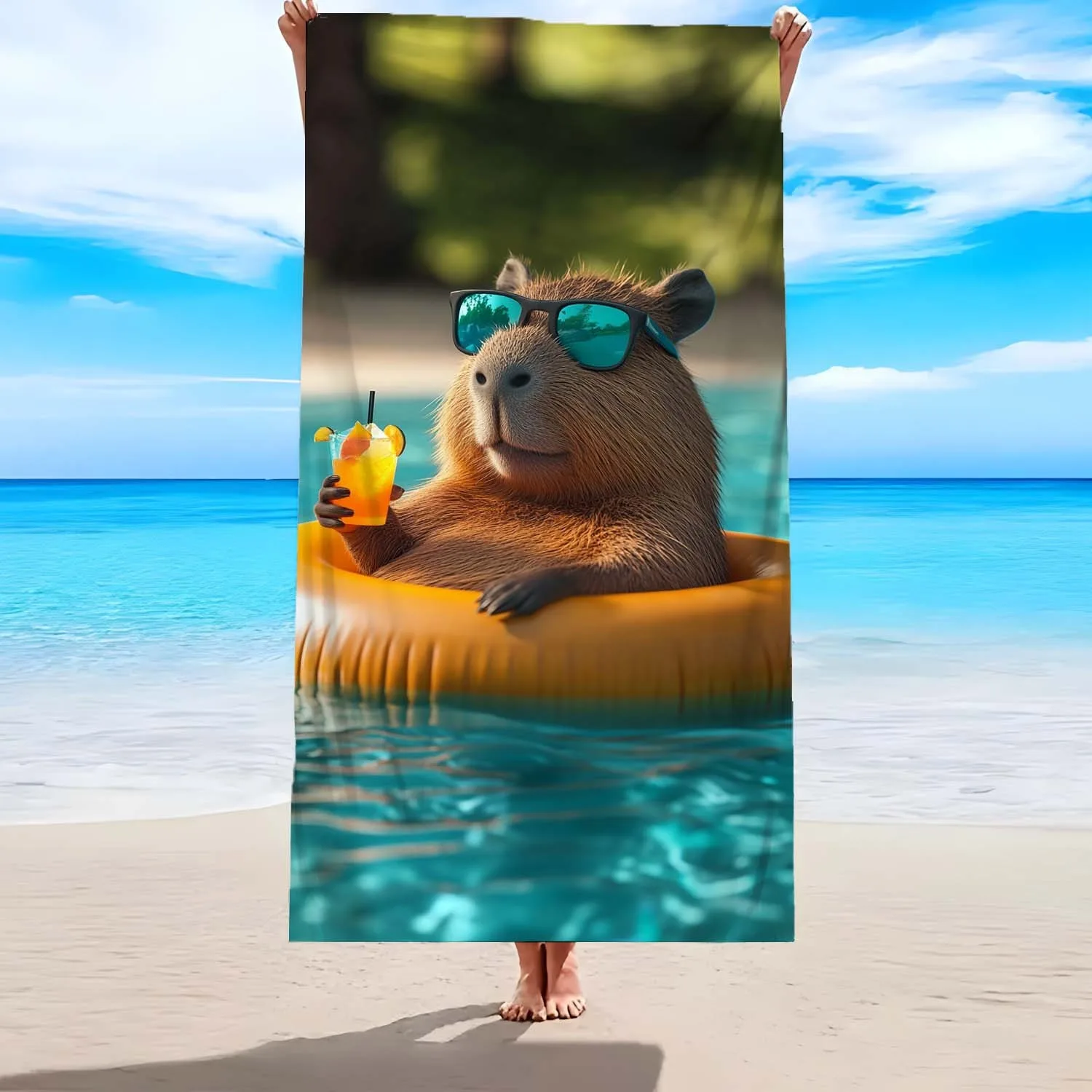Chill Capybara Design Beach Blanket Summer Vibes Relaxed Animal Cartoon Style Travel Decor Unique