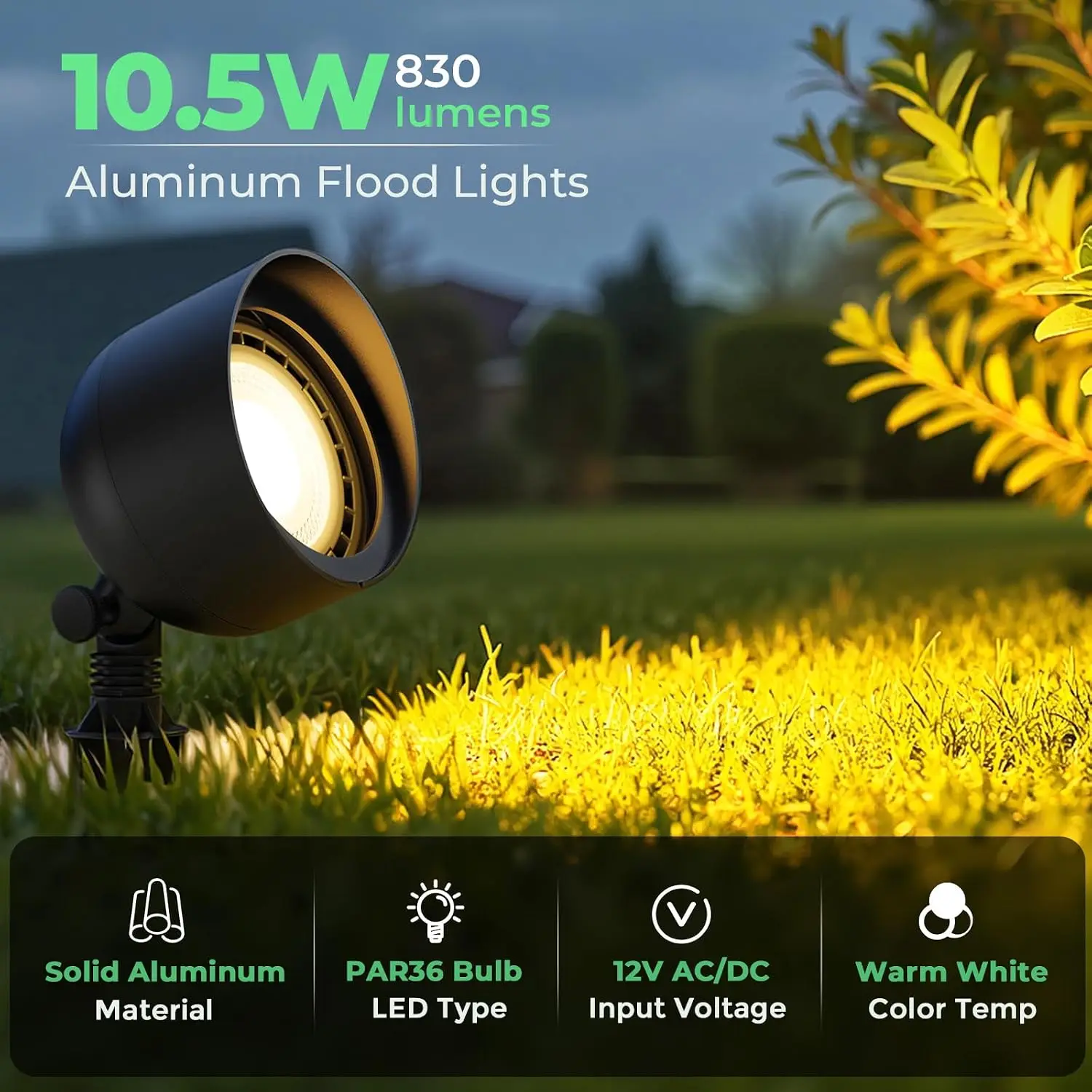 Low Voltage Landscape Led Flood Light 12v Wide Angle Outdoor Uplight Bushes Tree Canopy Flagpole Exterior Wall Washing 10w 2700k view 2