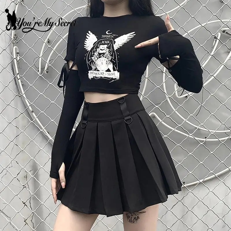 

[You're My Secret] Women Crop Top Goth Print Black T Shirt Streetwear Punk Bandage Lace Up Patchwork Sleeve T-Shirt Harajuku