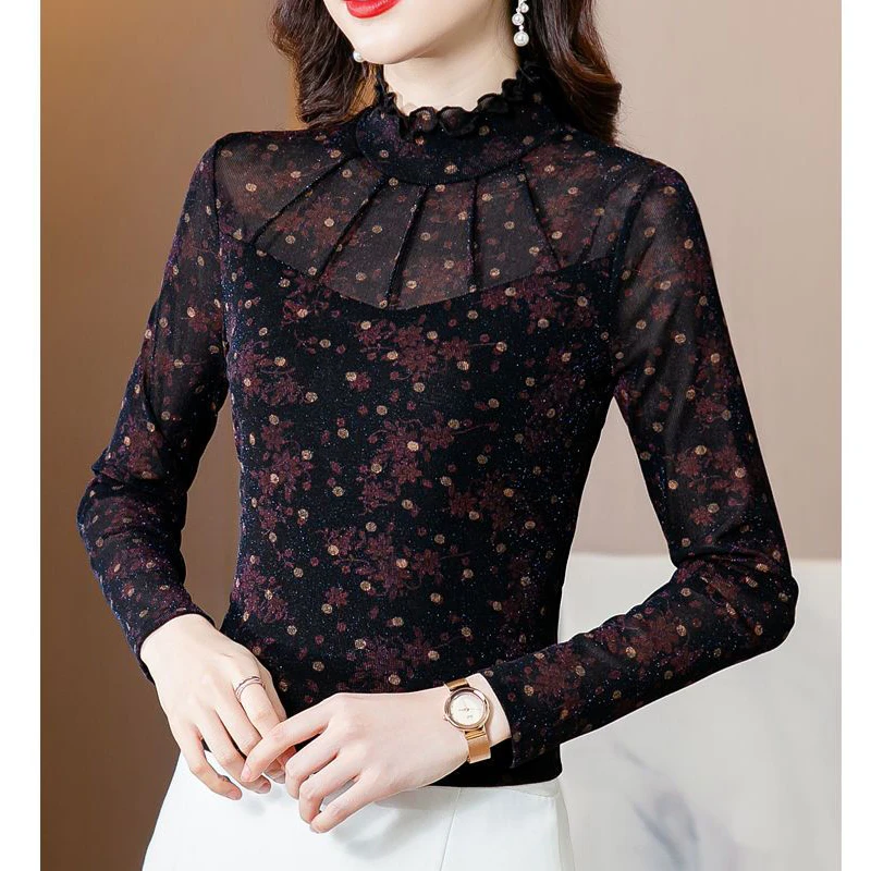 Women Retro Floral Print Ruffle Sexy Mesh Bright Silk Elegant Basic T Shirt Autumn Casual Half High Collar Long Sleeve Slim Tops