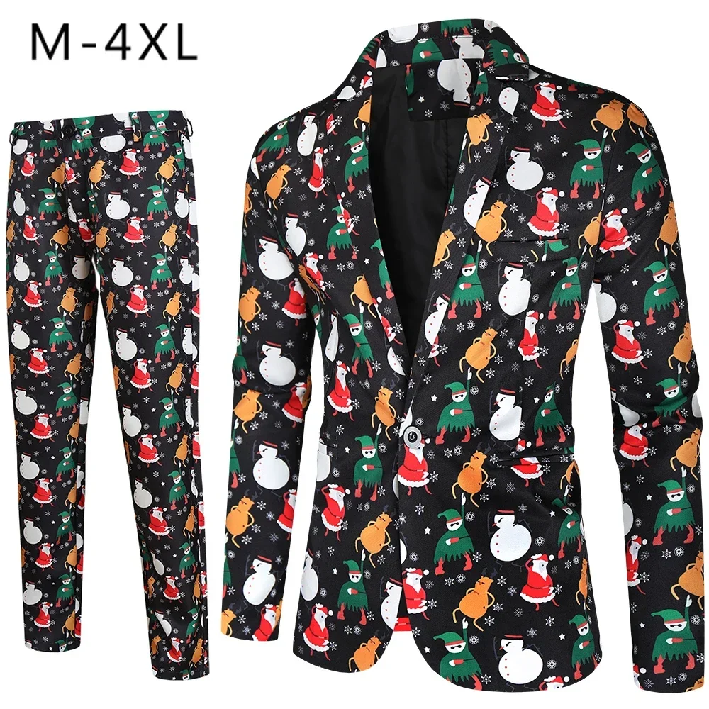 

（Blazer + Pants ） Large Size Christmas Cartoon Print Costume Homme 2 Pieces Prom Stage Party Dress Up Slim Fit Men Suits Sets