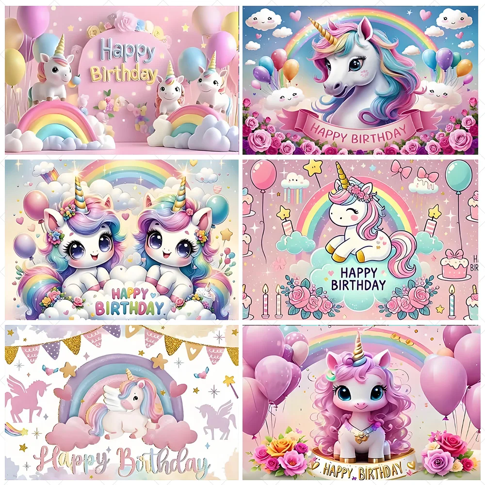 

Cartoon Rainbow Unicorn Theme Princess Birthday Party Decoration Background Baby Shower Backdrop Photozone Studio Prophoot Props