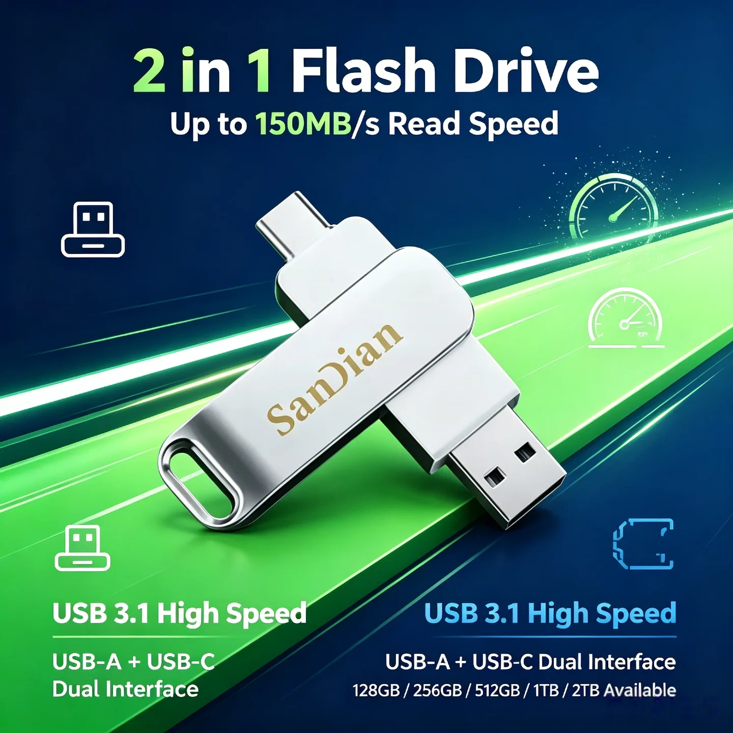 512GB USB 3.1 2 in 1 Flash Drive Dual USB-A USB-C High Speed Up to 150MB/s Metal Pendrive for Phone Laptop PC Data Transfer 2026