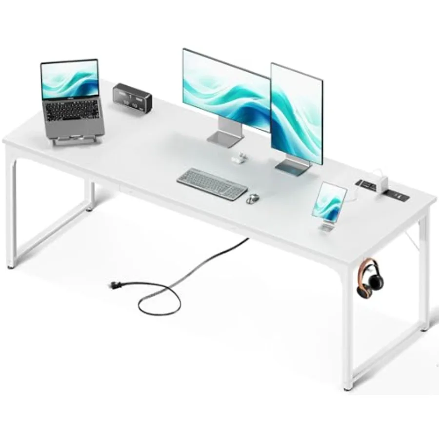 مكتب كمبيوتر مقاس 71 بوصة مع منافذ USB للمكاتب الكبيرة ومساحات الدراسة ومكتب كتابة طويل للطلاب باللون الأبيض بتصميم حديث #1