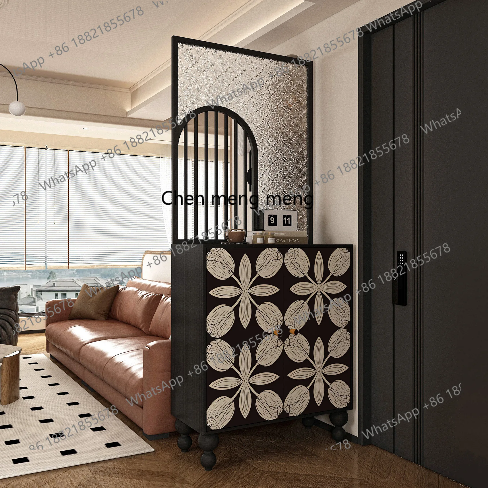 

French retro home entrance cabinet, screen partition, storage cabinet multi-functional integrated solid wood glass customization