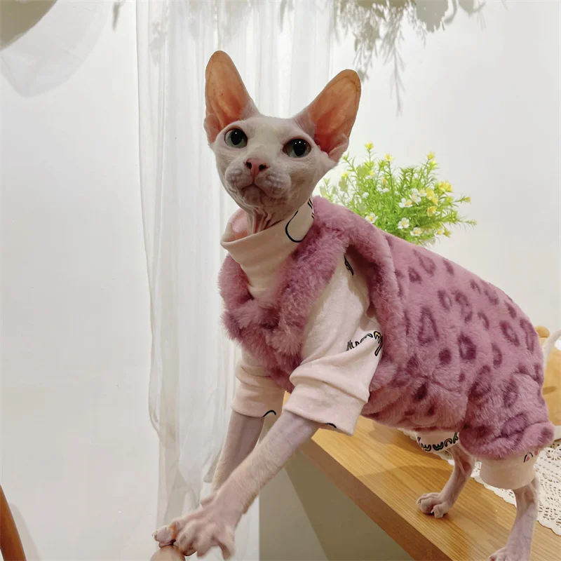 Sphynx Cat Clothing Warm Fleece 4-legged thick Coat for kittens Soft Winter Pink Leopard Sweater Vest For Devon Rex in Winter