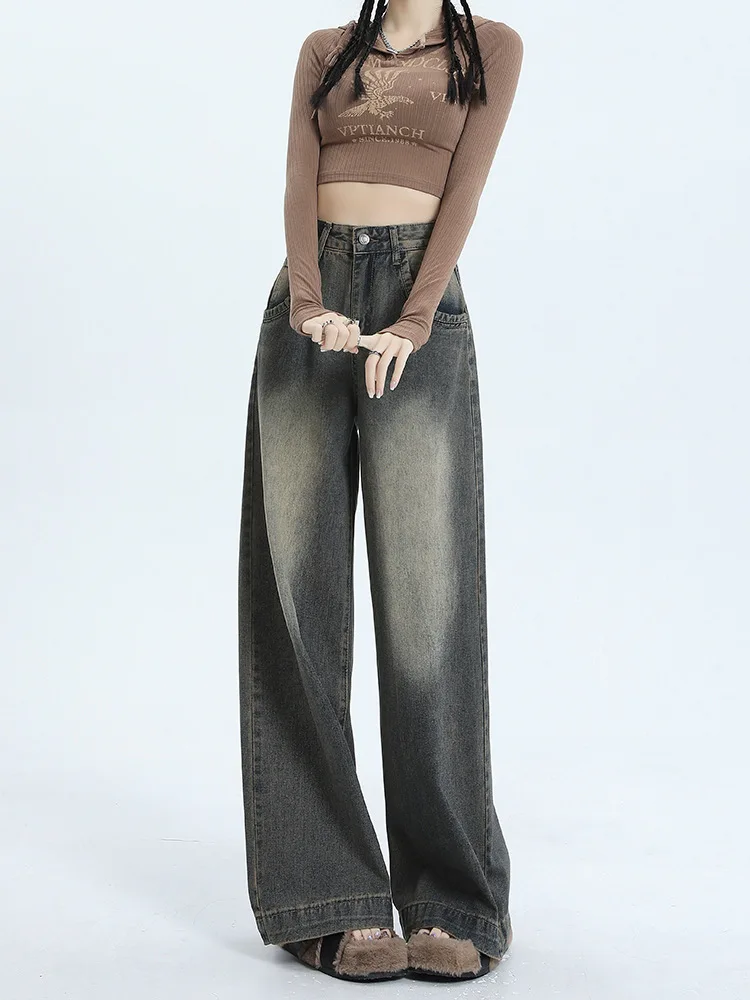 

Autumn new fashion design women's loose wide leg pants American casual YK2 retro unique women's blue jeans, Asian sizes