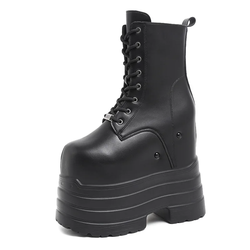 Hoogte toenemende hoge dameslaarzen Zwart leer Dikke bodem Platformschoenen Zijrits Gothic Punk Korte laarzen Street Style