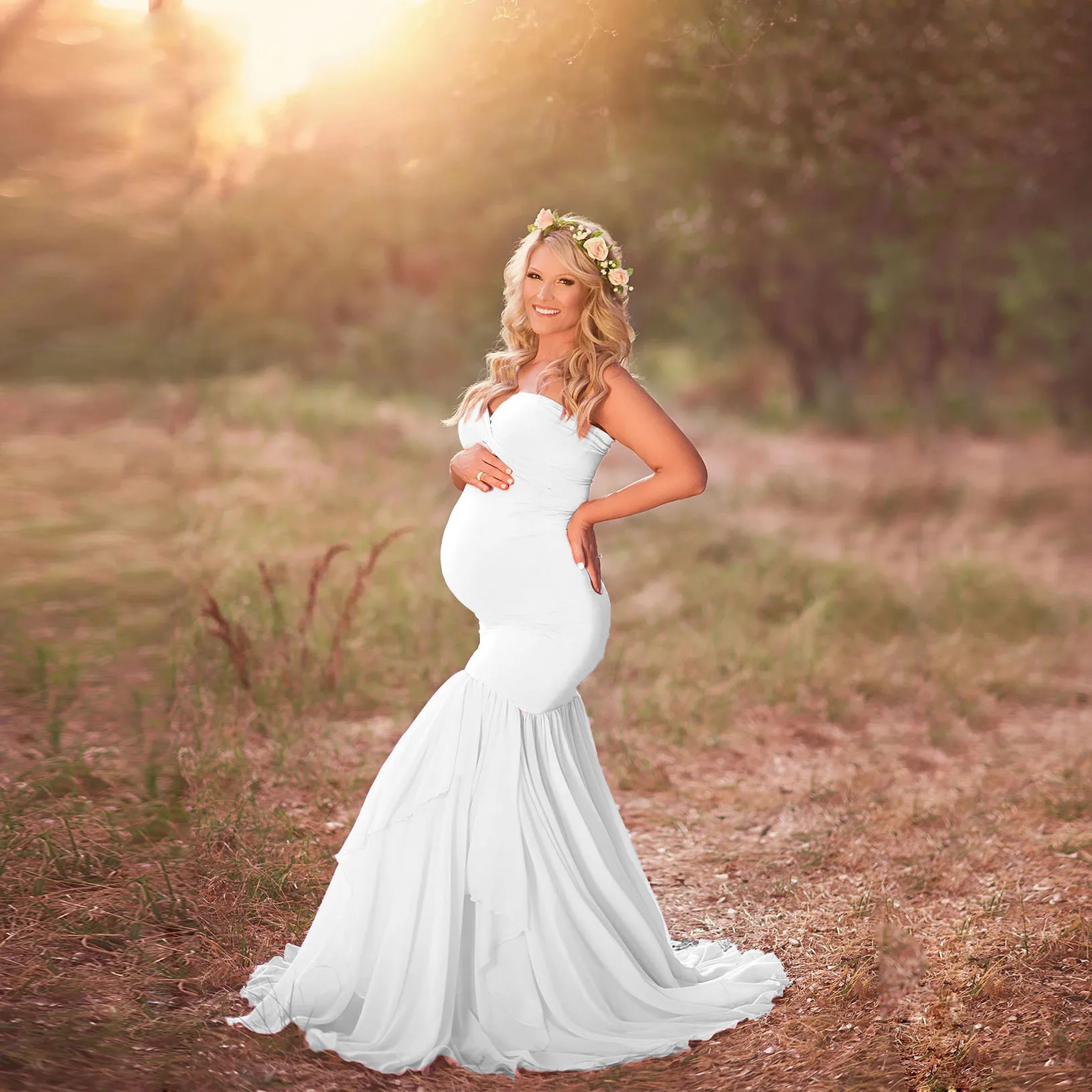 European & American Women's Lace Maternity Dress Sleeveless Wedding Gown with Flutter Sleeves and Train for Photography