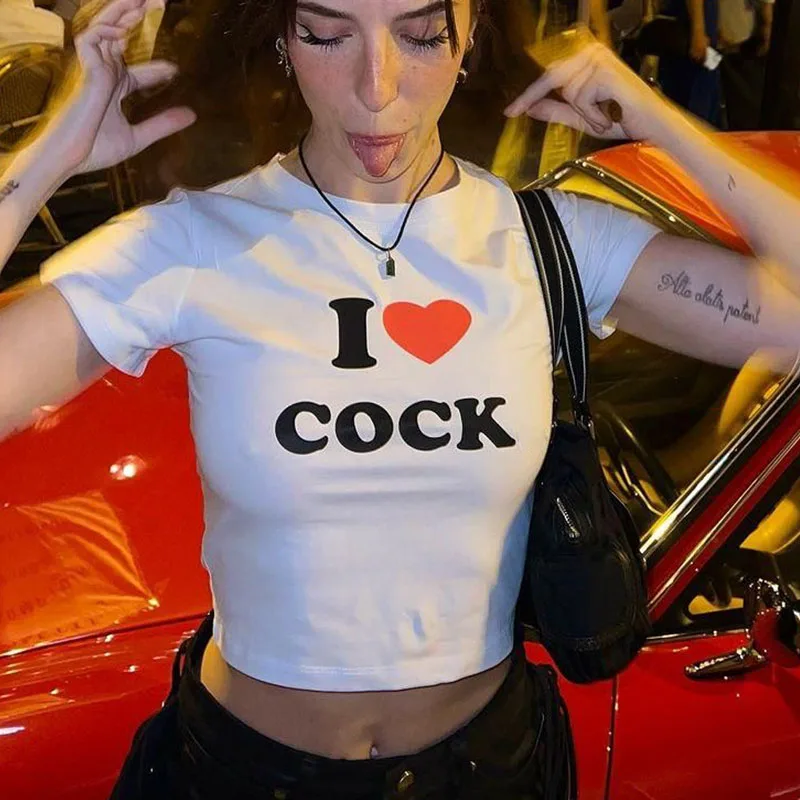 I LOVE COCK Print Streetwear Aesthetic Grunge Baby Tee Vintage Women Casual Short Sleeve T-Shirt Y2k Clothes Gothic Emo Crop Top