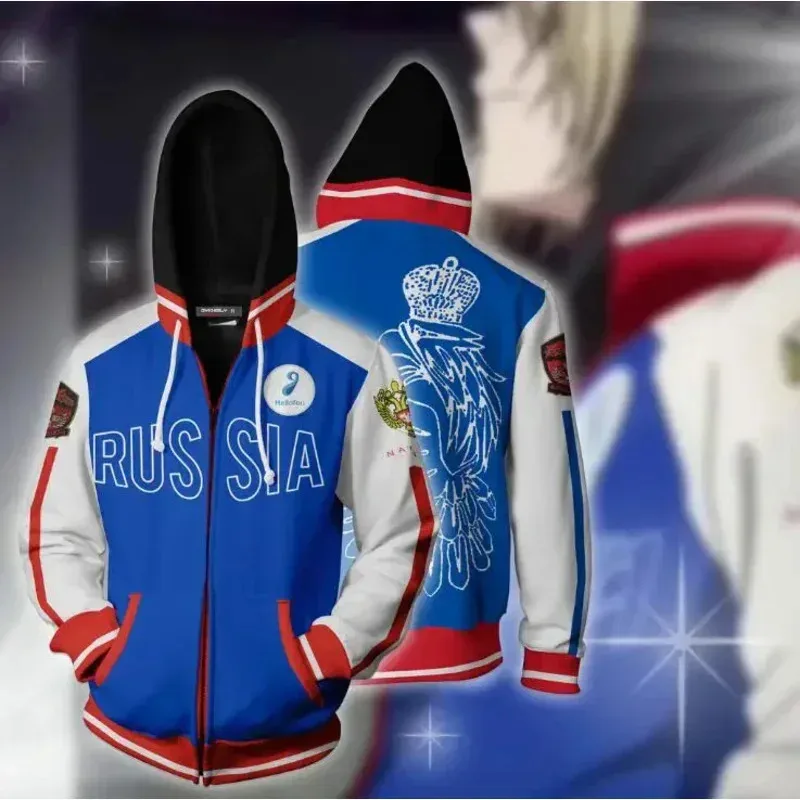 YURI on ICE Yuri Plisetsky Costume Cosplay Cerniera Felpa con cappuccio Maglione Russia Maglione oversize Autunno Inverno Sport Giacca casual * 8 * Q