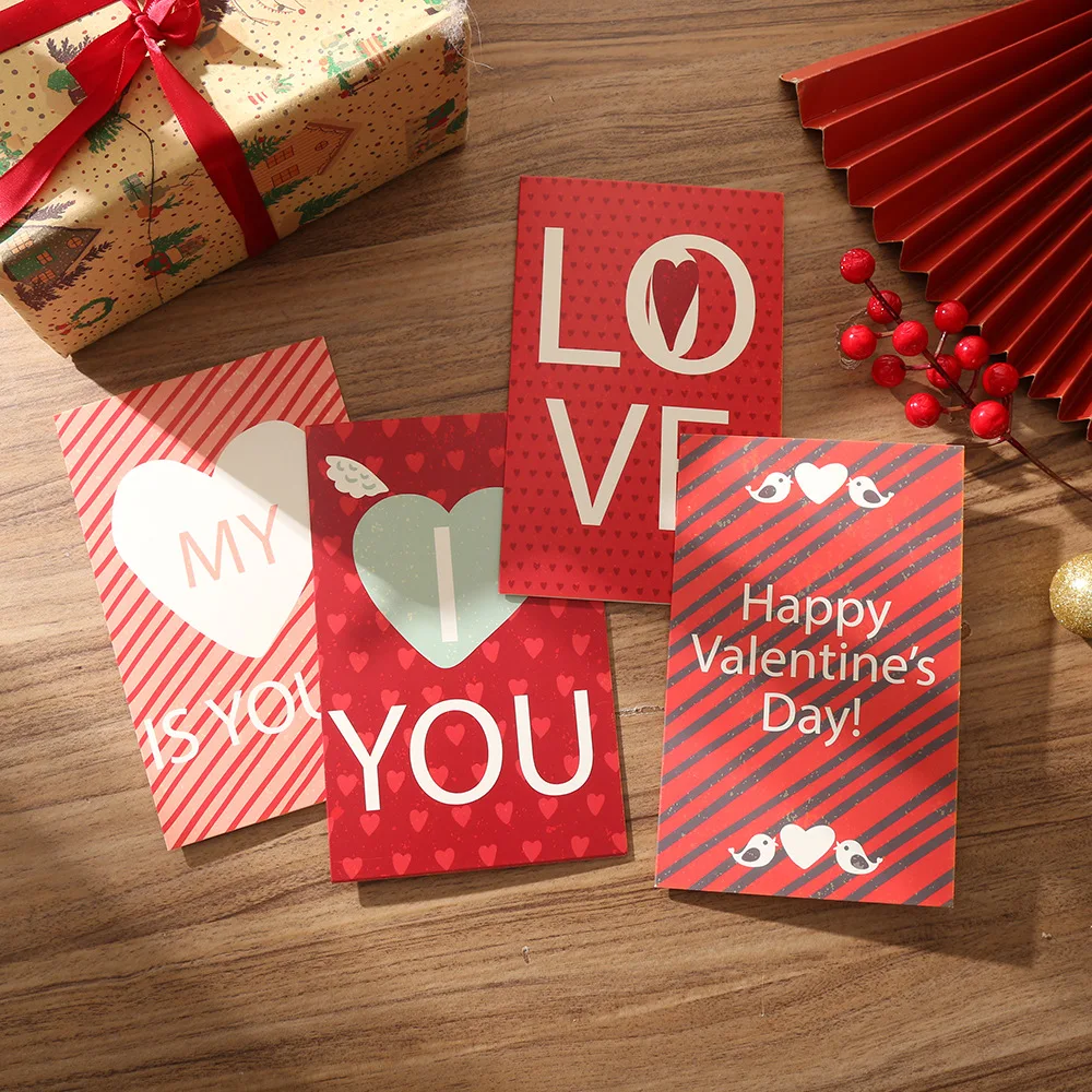 

4Pcs Valentine's Day Card Set: Red Festive Floral Greeting Cards with Confession Envelopes and Heart-Printed White Cardstock