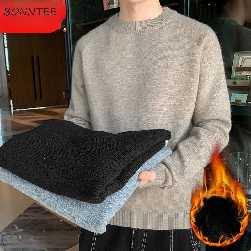 

Men Pullovers Thicker Plus Velvet Keep Warm Autumn Winter Basic Sweaters Teens O-neck Knitted Skin-friendly All-match Clothes